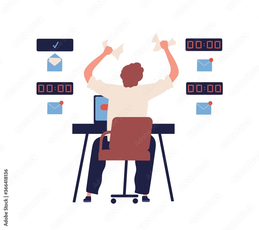 Concept of missing deadline, bad time management. Scene of tired, frustrated, furious, stressed man crumples papers. Time waste at work. Flat vector cartoon illustration isolated on white background Concept of missing deadline, bad time management. Scene of tired, frustrated, furious, stressed man crumples papers. Time waste at work. Flat vector cartoon illustration isolated on white background