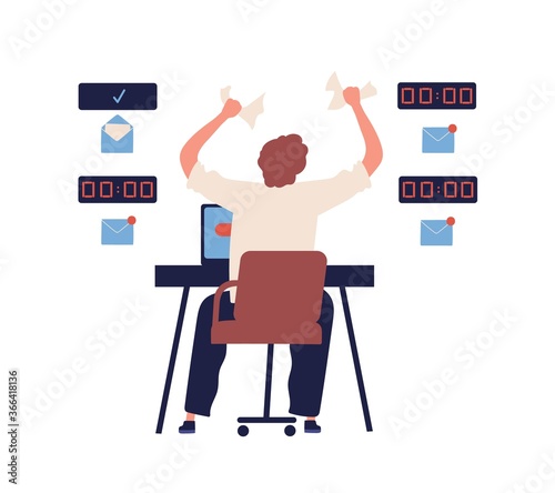 Concept of missing deadline, bad time management. Scene of tired, frustrated, furious, stressed man crumples papers. Time waste at work. Flat vector cartoon illustration isolated on white background