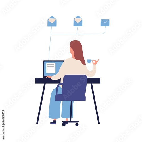 Concept of productive self organization, effective time management, organize work. Woman at the table, read email at office workplace. Flat vector cartoon illustration isolated on white background