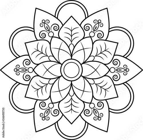 Mandala round floral ornament pattern. Anti-stress coloring page for kids and adults. Yoga, tatoo, mehndi, lace design. Vector illustration.