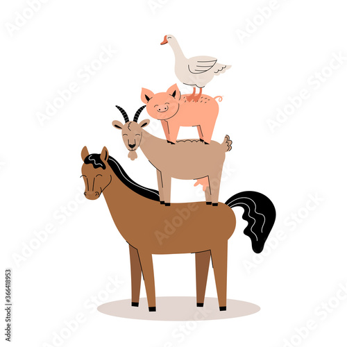 Farm animals on a white background. Collection of cartoon cute baby animals and birds. goat, horse, pig, goose. Flat vector illustration isolated.