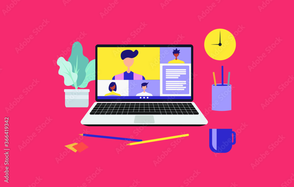 Work from home and work from anywhere concept, people connecting together, video conference remote working on laptop computer, learning or meeting online with teleconference, flat vector illustration Work from home and work from anywhere concept, people connecting together, video conference remote working on laptop computer, learning or meeting online with teleconference, flat vector illustration