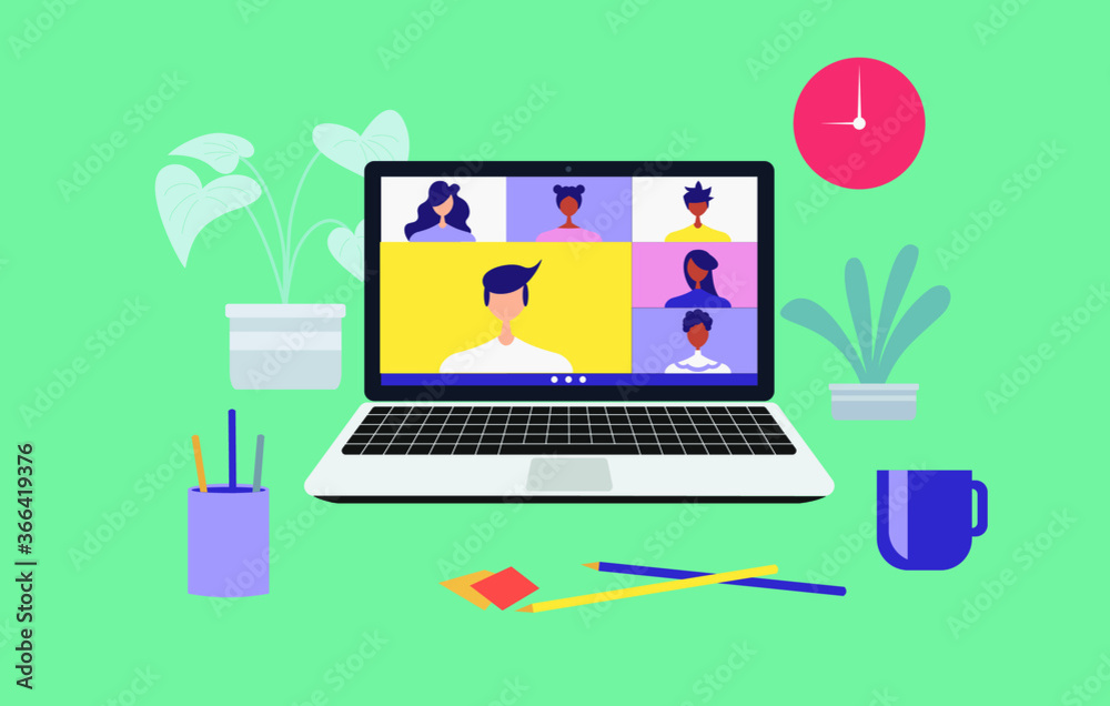 Work from home and work from anywhere concept, people connecting together, video conference remote working on laptop computer, learning or meeting online with teleconference, flat vector illustration Work from home and work from anywhere concept, people connecting together, video conference remote working on laptop computer, learning or meeting online with teleconference, flat vector illustration