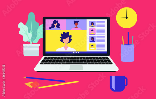 Work from home and work from anywhere concept, people connecting together, video conference remote working on laptop computer, learning or meeting online with teleconference, flat vector illustration