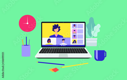 Work from home and work from anywhere concept, people connecting together, video conference remote working on laptop computer, learning or meeting online with teleconference, flat vector illustration