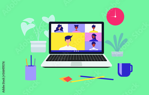 Work from home and work from anywhere concept, people connecting together, video conference remote working on laptop computer, learning or meeting online with teleconference, flat vector illustration