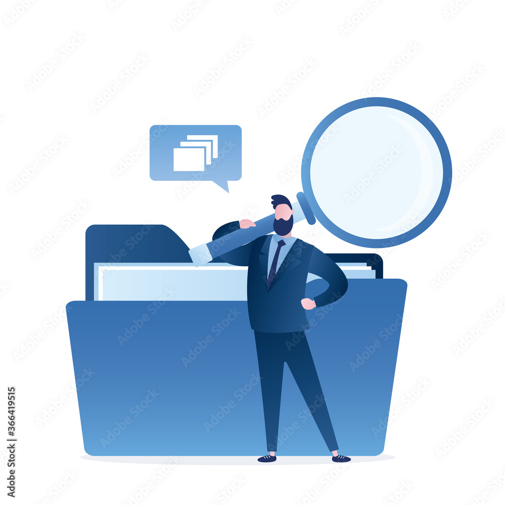 Man clerk search files data with magnifying glass in folder. Easy tidying up and organizing file and document in database. Man clerk search files data with magnifying glass in folder. Easy tidying up and organizing file and document in database.