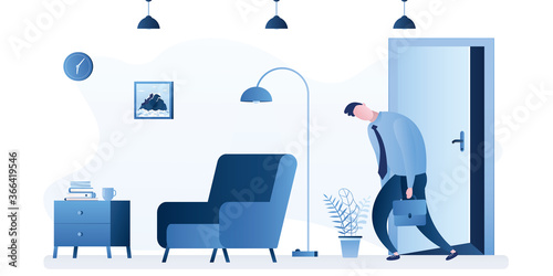 Sad and tired employee returns home from work. White collar after job, apartment interior with furniture. Male character in trendy style.