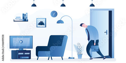 Sad and tired employee returns home from work. White collar after job, apartment interior with furniture.