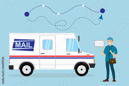Mail delivery truck. Happy postman in uniform hold letter. Mail route tracking. Courier with mailbag, delivery and post service.