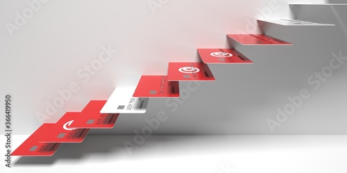 Schilderij op canvas National flag of Tunisia on credit cards as stairs of a staircase