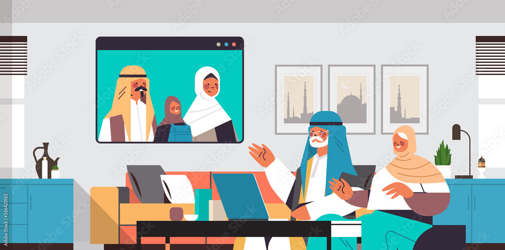 arabic parents and daughter having virtual meeting with grandparents during video call family chat communication concept living room interior portrait horizontal vector illustration