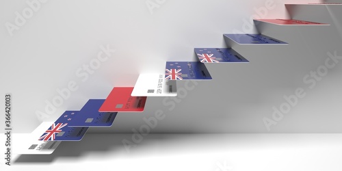 Flag of New Zealand on bank cards as stairs of a staircase. Consumer loans related 3D rendering photo