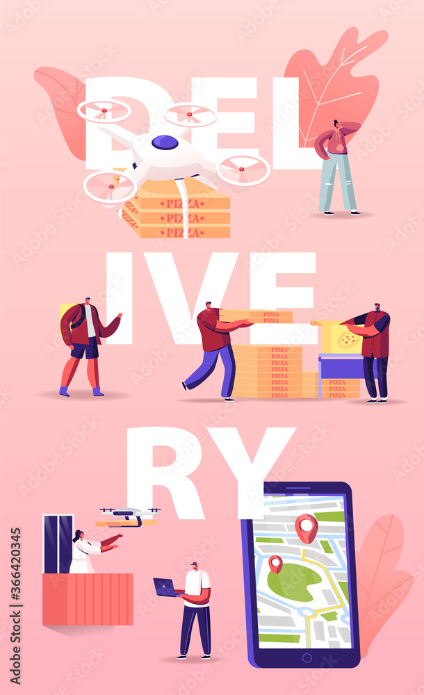 People Using Drones for Food Delivery Concept. Quadcopters Bringing Pizza to Characters. Aerial Drone Remote Control People Using Drones for Food Delivery Concept. Quadcopters Bringing Pizza to Characters. Aerial Drone Remote Control