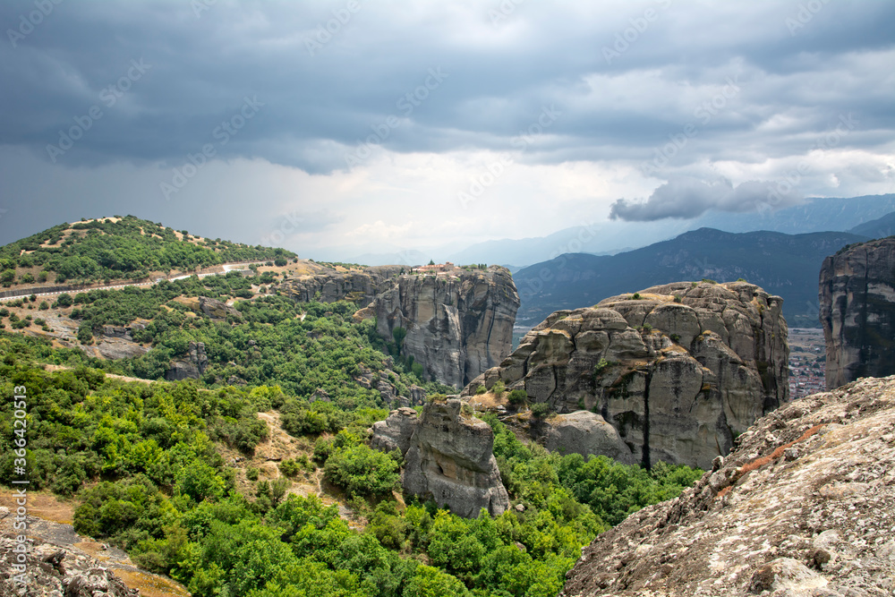 Beautiful view of Meteora, Greece under a cloudy sky