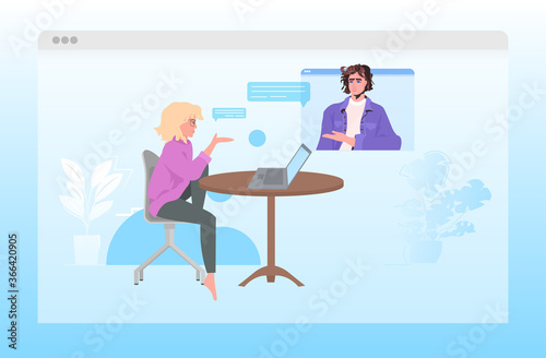 woman using laptop discussing with man during video call chat bubble communication concept full length horizontal vector illustration