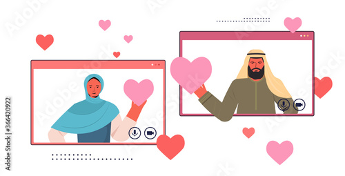 arabic man woman chatting in online dating app arab couple in web browser windows holding heart social relationship communication concept portrait horizontal vector illustration