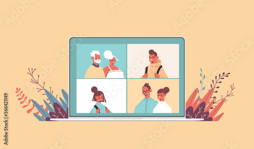 children parents and grandparents during video call family chat online communication concept happy people in web browser windows on laptop screen portrait horizontal vector illustration