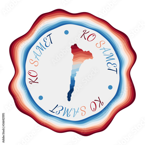 Ko Samet badge. Map of the island with beautiful geometric waves and vibrant red blue frame. Vivid round Ko Samet logo. Vector illustration.
