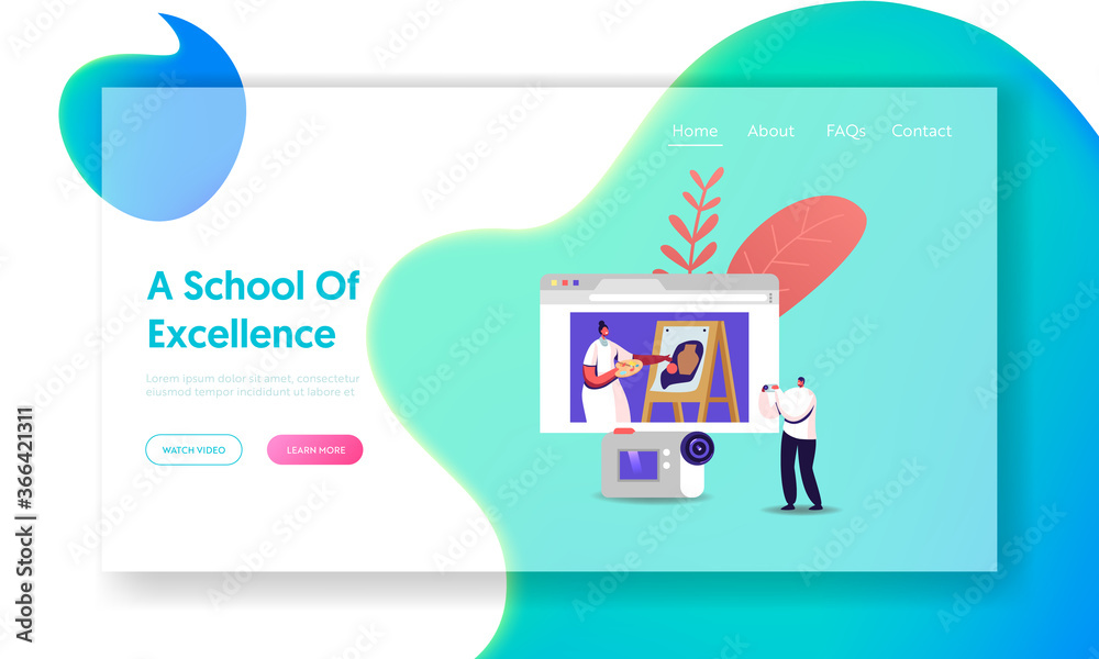 Drawing Video Course, Art Class, Creative Hobby Landing Page Template. Man Watching Virtual Lesson of Artist Painting Drawing Video Course, Art Class, Creative Hobby Landing Page Template. Man Watching Virtual Lesson of Artist Painting