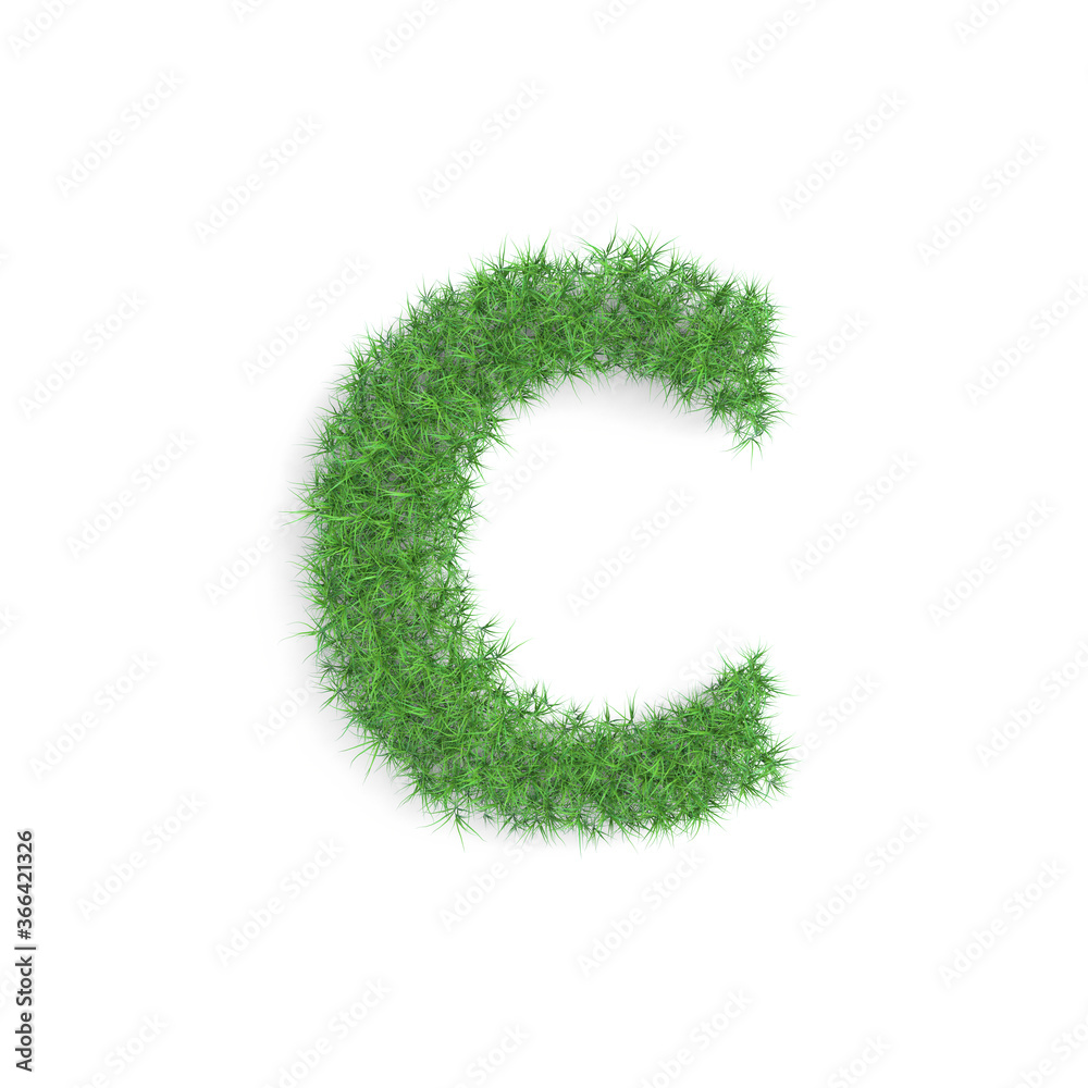 Letter C symbol made of green grass isolated on white background, part of the set. Sustainable technology or lifestyle related 3d rendering Letter C symbol made of green grass isolated on white background, part of the set. Sustainable technology or lifestyle related 3d rendering
