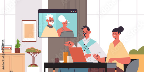 young couple having virtual meeting with grandparents during video call family chat online communication concept portrait horizontal vector illustration