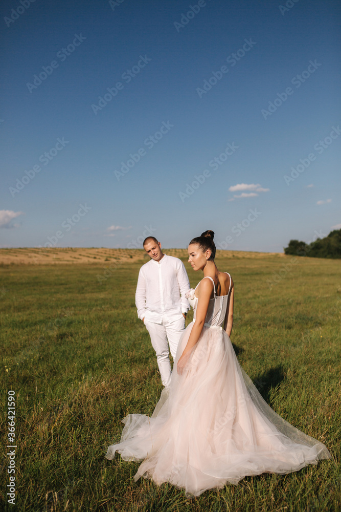 Gorgeous bride with handsome groom walkin in the field after wedding ceremony. Newlyweds posing to photographer