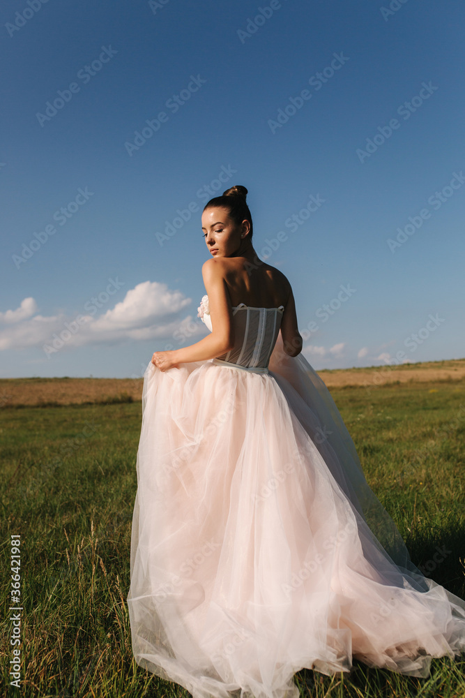 Fashion posing of gorgeous bride. Elegant bride walking in field in wedding dress