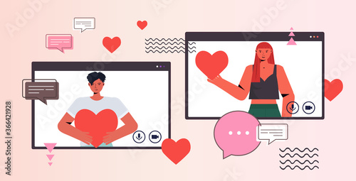man woman chatting in online dating app couple in web browser windows holding hearts social relationship communication concept portrait horizontal vector illustration