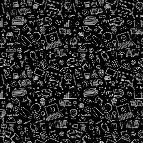 Online education seamless pattern. Distance learning white doodles on black background. Blackboard imitation. Vector illustration.