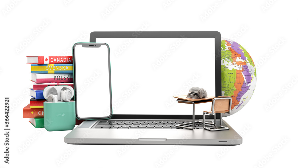 self learning concept Presentation of the application for learning foreign languages smartphone with blank screen headphones and books 3d render on white no shadow