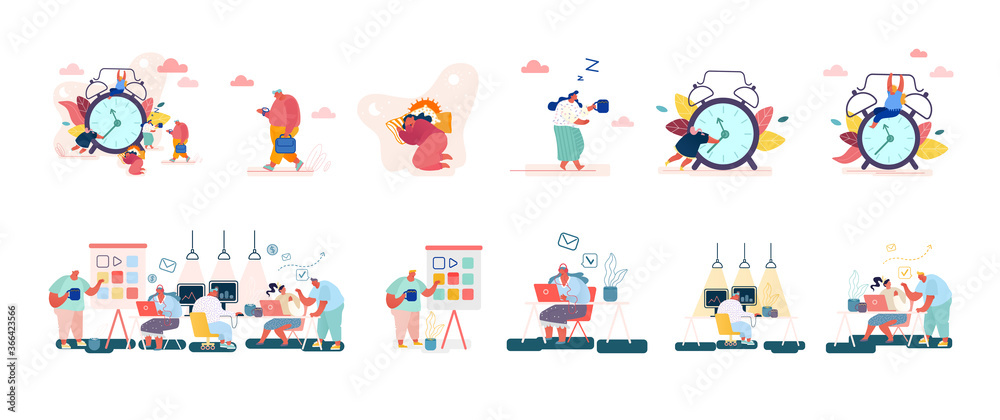 Set of Male and Female Characters with Clock, Concept of Time, Leisure, Working Activity or Procrastination, Programers Set of Male and Female Characters with Clock, Concept of Time, Leisure, Working Activity or Procrastination, Programers