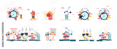 Set of Male and Female Characters with Clock, Concept of Time, Leisure, Working Activity or Procrastination, Programers