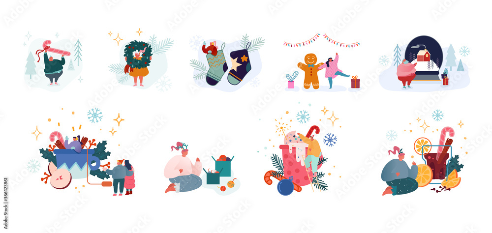 Set of Male and Female Characters Celebrate Christmas, New Year and Xmas Winter Holidays. Tiny People with Huge Sweets
