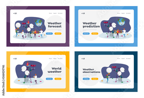 People on Meteorological Station Landing Page Template Set. Tiny Characters at Weather Tower, Satellite at Earth Orbit.