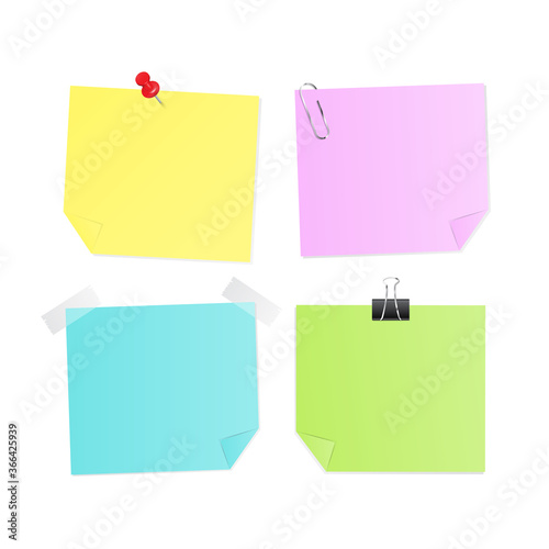 Set of Stick Note colorful paper with red pin clip sticky tape empty space for your message isolated vector on white background