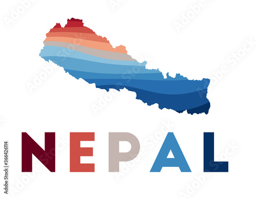 Nepal map. Map of the country with beautiful geometric waves in red blue colors. Vivid Nepal shape. Vector illustration.