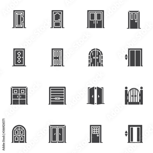 Architectural doors vector icons set, modern solid symbol collection, filled style pictogram pack. Signs, logo illustration. Set includes icons as entrance front doors for houses and buildings