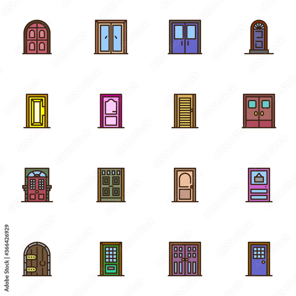 Entrance doors filled outline icons set, line vector symbol collection, linear colorful pictogram pack. Signs, logo illustration, Set includes icons as architectural doors Entrance doors filled outline icons set, line vector symbol collection, linear colorful pictogram pack. Signs, logo illustration, Set includes icons as architectural doors