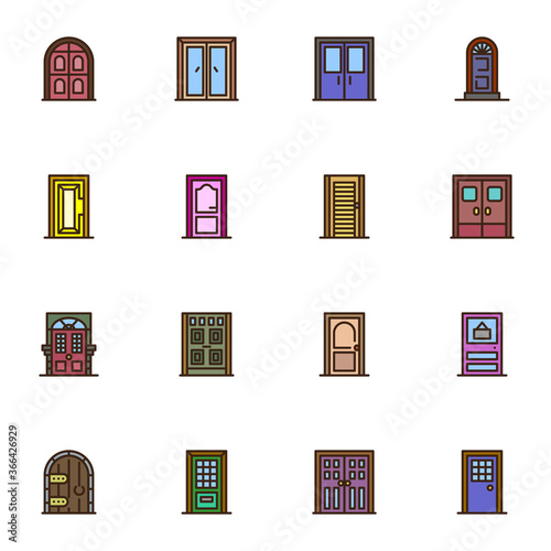 Entrance doors filled outline icons set, line vector symbol collection, linear colorful pictogram pack. Signs, logo illustration, Set includes icons as architectural doors