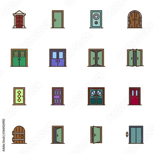Doors filled outline icons set, line vector symbol collection, linear colorful pictogram pack. Signs, logo illustration, Set includes icons as architectural doors, entrance, exit