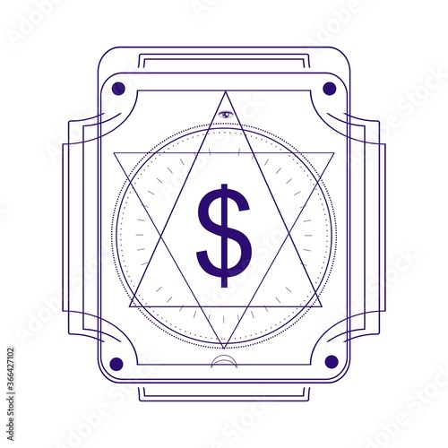 Mystical geometry symbol. Linear alchemy, occult, philosophical sign with dollar currency simbol