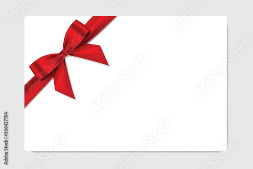 Blank Gift card with red bow and ribbon realistic shiny satin vector template design for your business isolated on white background.