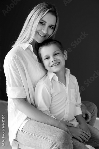 Mother and son. Black and white photo. High quality photo