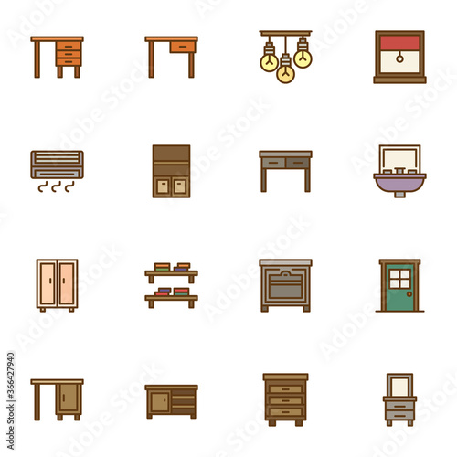 Household furniture filled outline icons set, line vector symbol collection, linear colorful pictogram pack. Signs, logo illustration, Set includes icons as desk with drawers, table, cupboard, door