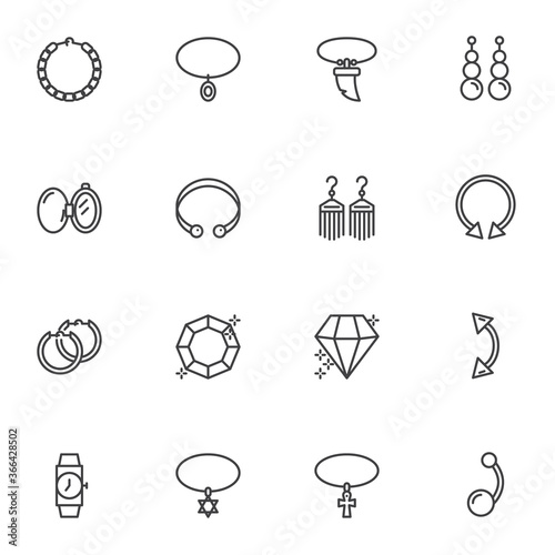 Jewelry and women accessories line icons set, outline vector symbol collection, linear style pictogram pack. Signs logo illustration. Set includes icons as bracelet, ring, necklace, piercing, gemstone