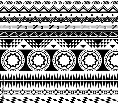 Black ethnic ornament pattern set. Geometric prints in Aztec, Arabic, Egyptian or native American styles. Can be used for traditional borders, decoration, fabric industry concept