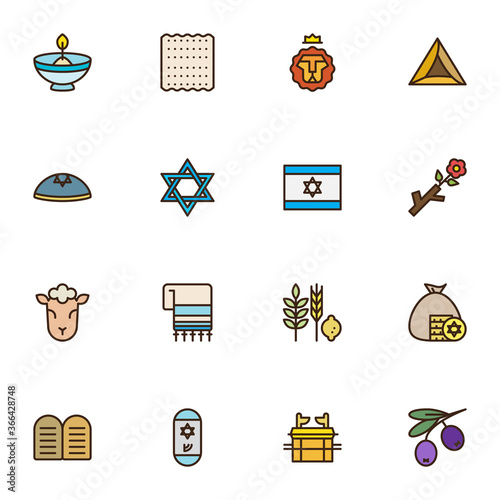 Israel, judaism related line icons set, outline vector symbol collection, linear style pictogram pack. Signs, logo illustration. Set includes icons as jewish holiday hanukkah food and drinks