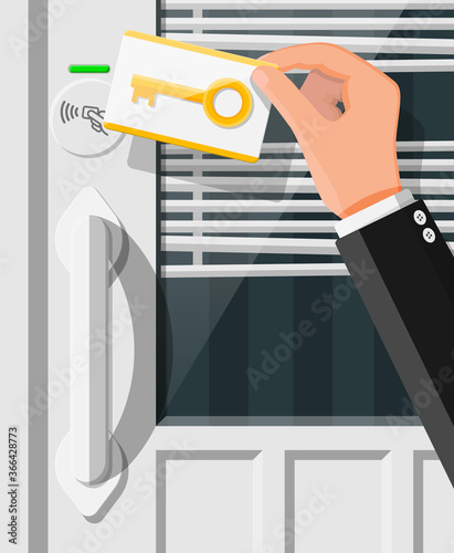 Wireless key card in human hand with guest room door handle sensor. Concept of access identification. Access control machine. Proximity card reader. Vector illustration in flat style