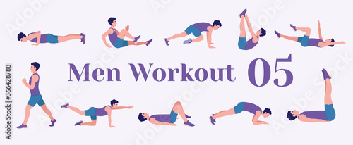 Workout men set. Men doing fitness and yoga exercises. Lunges, Pushups, Squats, Dumbbell rows, Burpees, Side planks, Situps, Glute bridge, Leg Raise, 
Russian Twist, Side Crunch, Mountain Climbers.etc